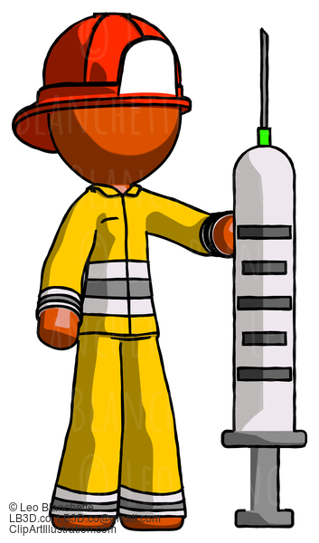 Orange Firefighter Fireman Man Holding Large Syringe #12517