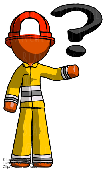 Orange Firefighter Fireman Man Holding Question Mark To Right #12521