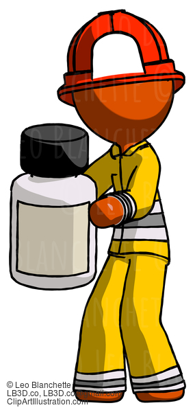 Orange Firefighter Fireman Man Holding White Medicine Bottle #12526