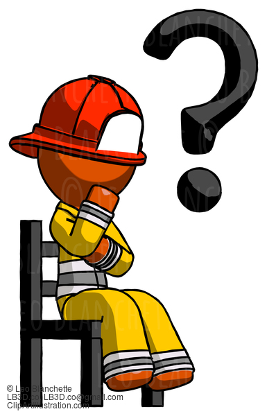 Orange Firefighter Fireman Man Question Mark Concept, Sitting On Chair Thinking #12527