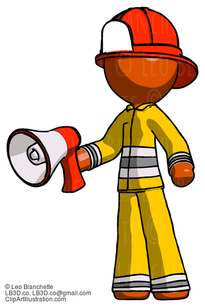 Orange Firefighter Fireman Man Holding Megaphone Bullhorn Facing Right #12528