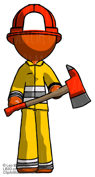 Orange Firefighter Fireman Man Holding Red Fire Fighter’S Ax #12533