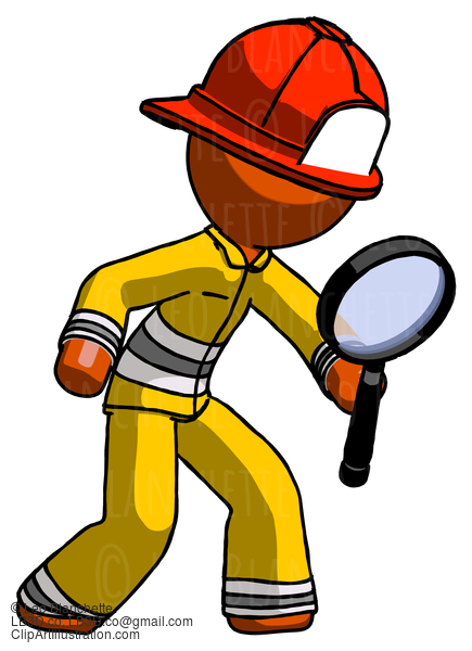 Orange Firefighter Fireman Man Inspecting With Large Magnifying Glass Right #12534