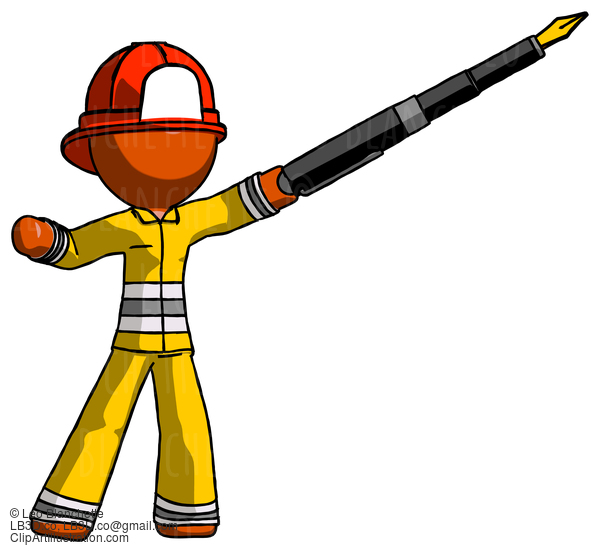 Orange Firefighter Fireman Man Pen Is Mightier Than The Sword Calligraphy Pose #12535