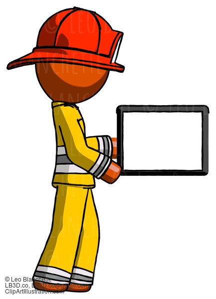 Orange Firefighter Fireman Man Show Tablet Device Computer To Viewer, Blank Area #12540