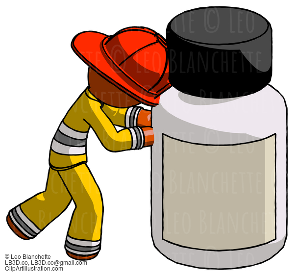 Orange Firefighter Fireman Man Pushing Large Medicine Bottle #12542