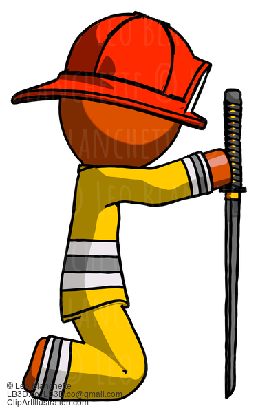 Orange Firefighter Fireman Man Kneeling With Ninja Sword Katana Showing Respect #12543