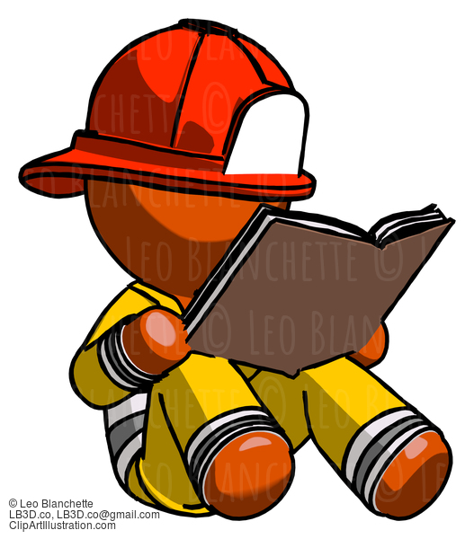 Orange Firefighter Fireman Man Reading Book While Sitting Down #12545