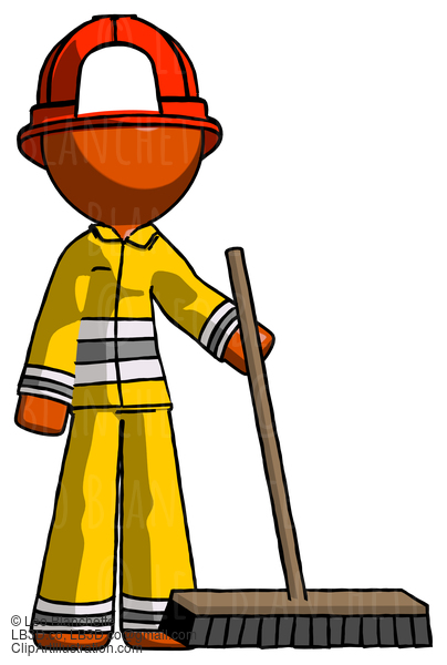 Orange Firefighter Fireman Man Standing With Industrial Broom #12546