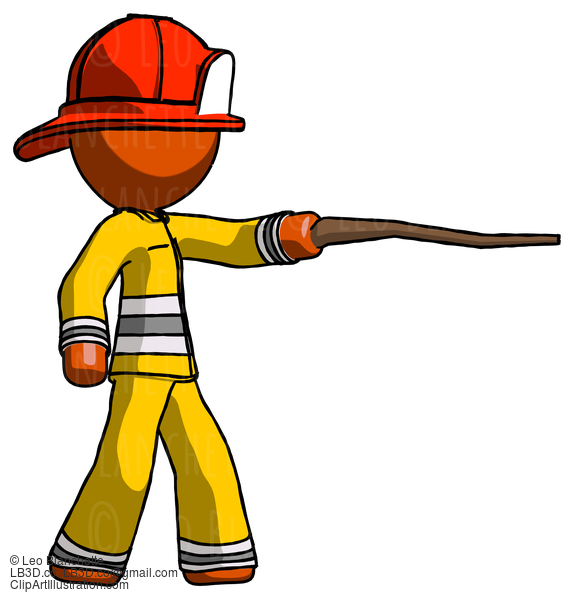 Orange Firefighter Fireman Man Pointing With Hiking Stick #12548