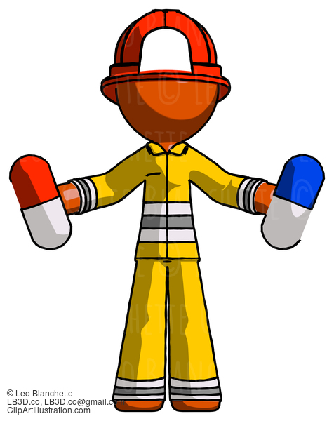 Orange Firefighter Fireman Man Holding A Red Pill And Blue Pill #12550