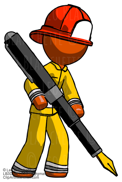 Orange Firefighter Fireman Man Drawing Or Writing With Large Calligraphy Pen #12555