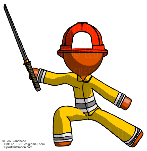 Orange Firefighter Fireman Man With Ninja Sword Katana In Defense Pose #12556