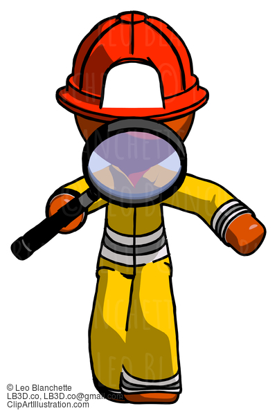 Orange Firefighter Fireman Man Looking Down Through Magnifying Glass #12558