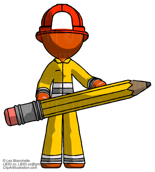 Orange Firefighter Fireman Man Writer Or Blogger Holding Large Pencil #12559