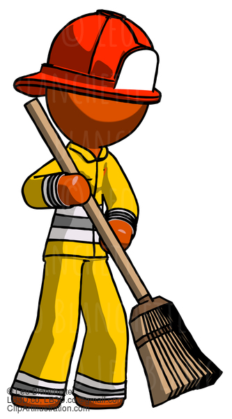 Orange Firefighter Fireman Man Sweeping Area With Broom #12560