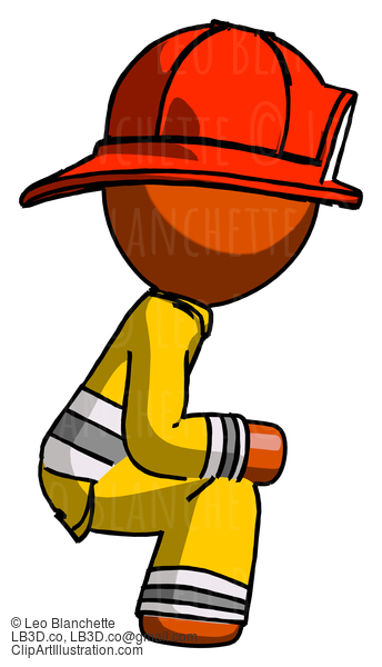 Orange Firefighter Fireman Man Squatting Facing Right #12564