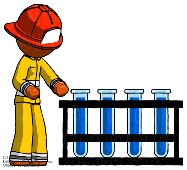 Orange Firefighter Fireman Man Using Test Tubes Or Vials On Rack #12565