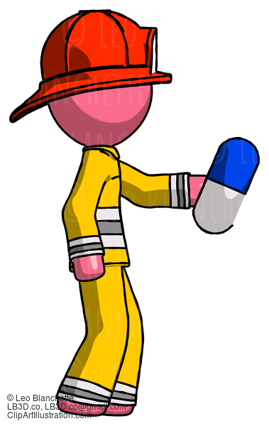 Pink Firefighter Fireman Man Holding Blue Pill Walking To Right #12571