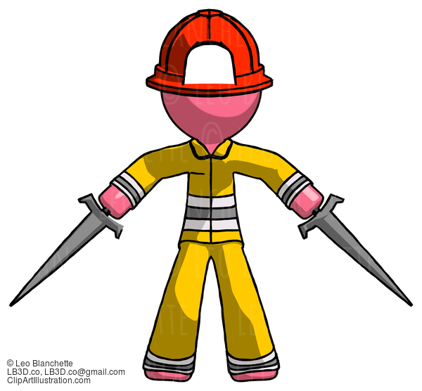 Pink Firefighter Fireman Man Two Sword Defense Pose #12583