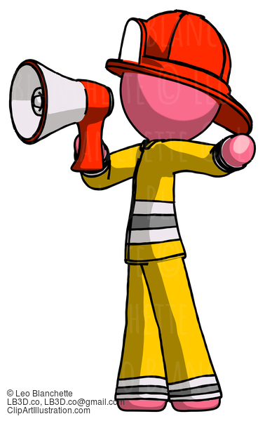 Pink Firefighter Fireman Man Shouting Into Megaphone Bullhorn Facing Left #12584