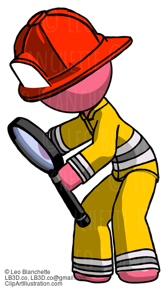 Pink Firefighter Fireman Man Inspecting With Large Magnifying Glass Left #12585