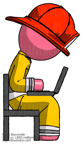 Pink Firefighter Fireman Man Using Laptop Computer While Sitting In Chair View From Side #12589