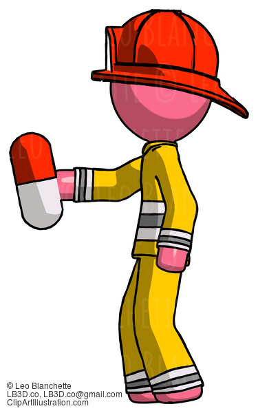 Pink Firefighter Fireman Man Holding Red Pill Walking To Left #12591