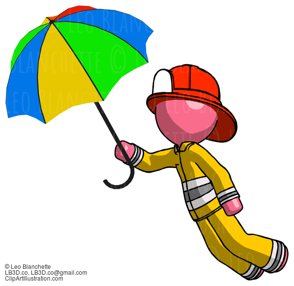 Pink Firefighter Fireman Man Flying With Rainbow Colored Umbrella #12592