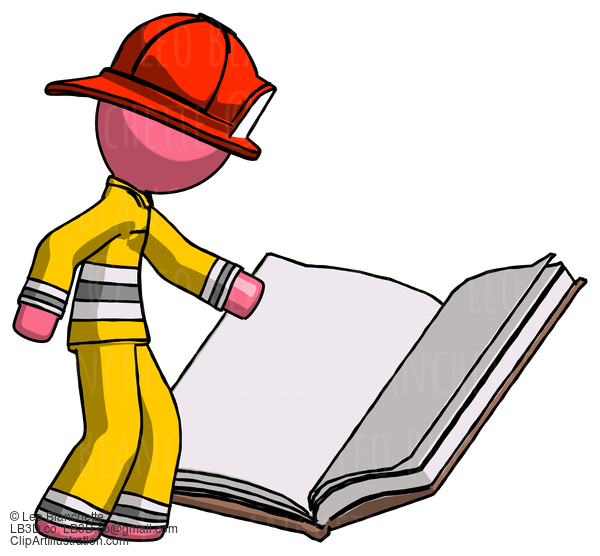 Pink Firefighter Fireman Man Reading Big Book While Standing Beside It #12593