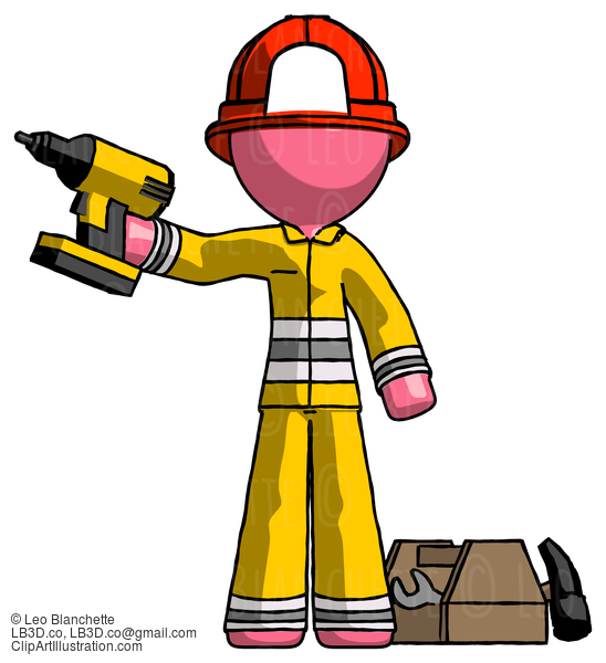 Pink Firefighter Fireman Man Holding Drill Ready To Work, Toolchest And Tools To Right #12595