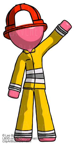 Pink Firefighter Fireman Man Waving Emphatically With Left Arm #12605