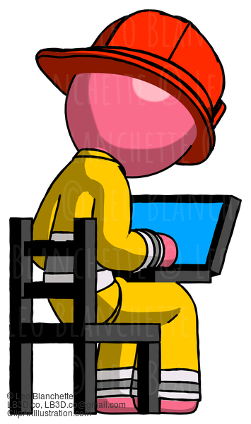 Pink Firefighter Fireman Man Using Laptop Computer While Sitting In Chair View From Back #12610