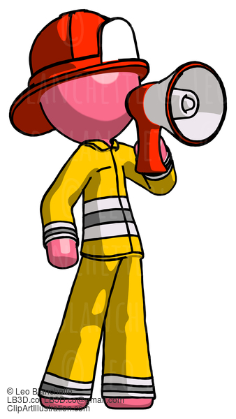 Pink Firefighter Fireman Man Shouting Into Megaphone Bullhorn Facing Right #12612