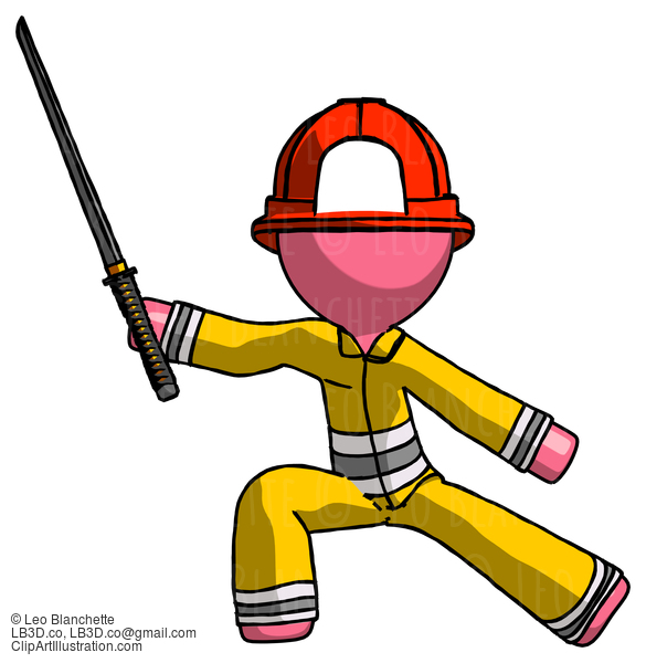 Pink Firefighter Fireman Man With Ninja Sword Katana In Defense Pose #12613