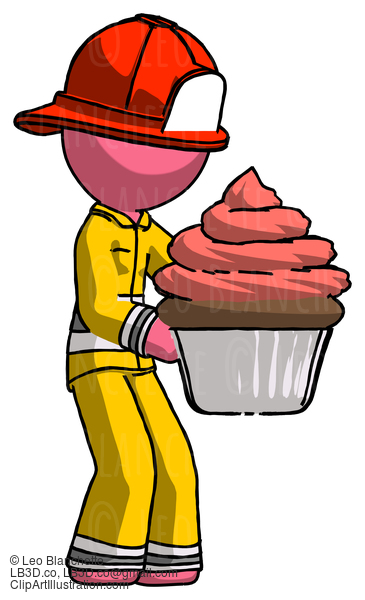 Pink Firefighter Fireman Man Holding Large Cupcake Ready To Eat Or Serve #12615