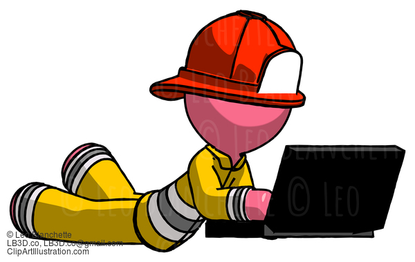 Pink Firefighter Fireman Man Using Laptop Computer While Lying On Floor Side Angled View #12617