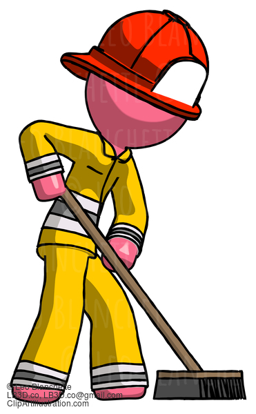 Pink Firefighter Fireman Man Cleaning Services Janitor Sweeping Side View #12618