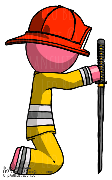 Pink Firefighter Fireman Man Kneeling With Ninja Sword Katana Showing Respect #12619