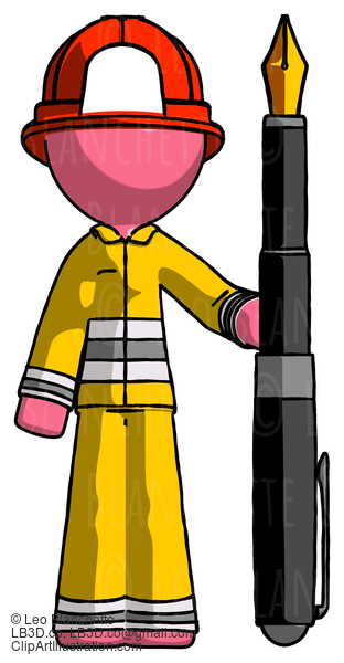 Pink Firefighter Fireman Man Holding Giant Calligraphy Pen #12622