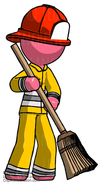 Pink Firefighter Fireman Man Sweeping Area With Broom #12623