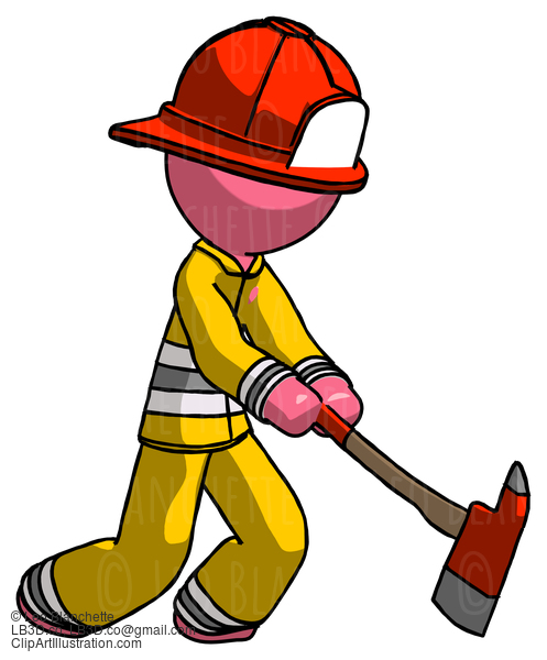 Pink Firefighter Fireman Man Striking With A Red Firefighter’S Ax #12625