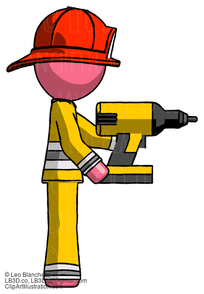 Pink Firefighter Fireman Man Using Drill Drilling Something On Right Side #12626