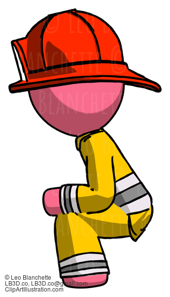 Pink Firefighter Fireman Man Squatting Facing Left #12628