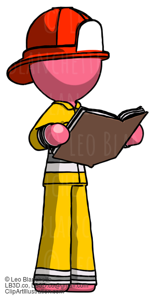 Pink Firefighter Fireman Man Reading Book While Standing Up Facing Away #12631