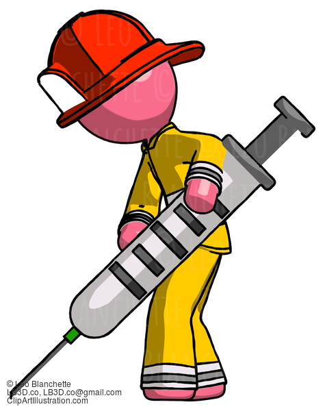 Pink Firefighter Fireman Man Using Syringe Giving Injection #12634