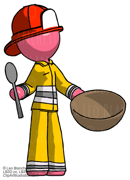 Pink Firefighter Fireman Man With Empty Bowl And Spoon Ready To Make Something #12635