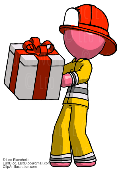 Pink Firefighter Fireman Man Presenting A Present With Large Red Bow On It #12637