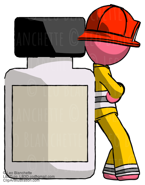 Pink Firefighter Fireman Man Leaning Against Large Medicine Bottle #12639