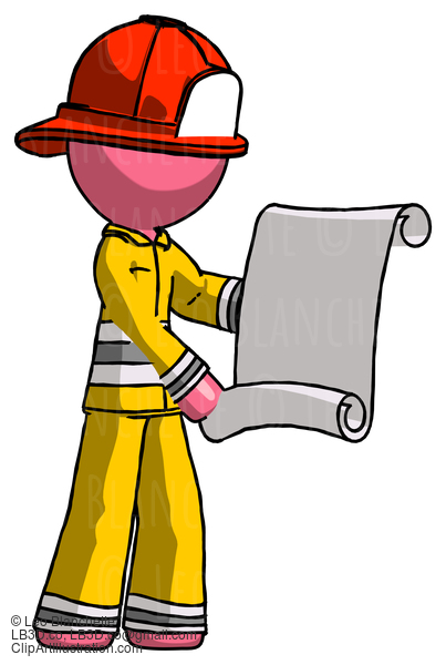 Pink Firefighter Fireman Man Holding Blueprints Or Scroll #12640